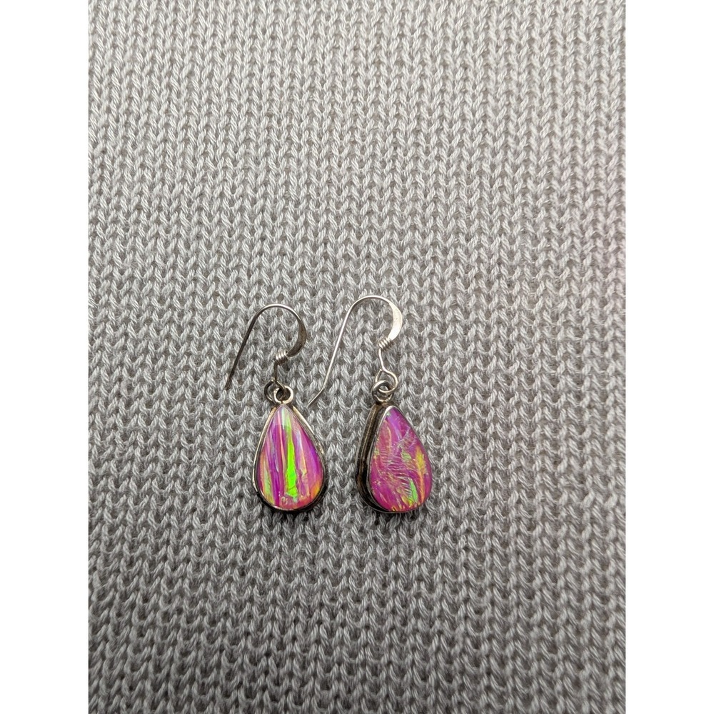 925 Silver sterling Earrings Hot Pink Gilson Aurora Opal Tear Drop Earrings